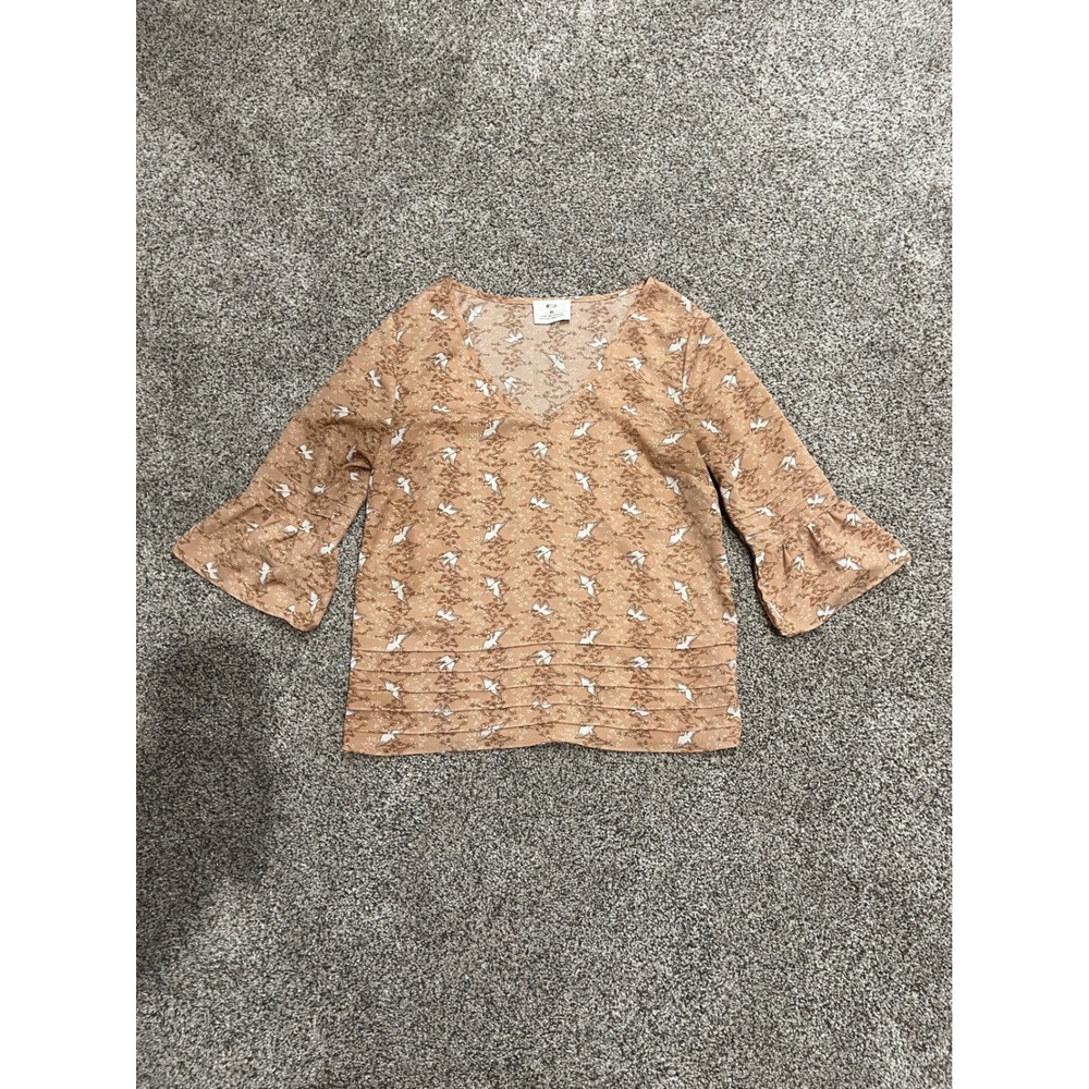 Pins and Needles Bird Print V-Neck Blouse Tan Bell Sleeve Pleated Hem XS